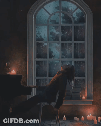 Person Sitting By Window With Candles And Piano GIF