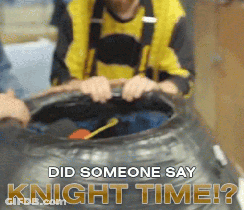 Person Sitting In Tire With Knight Time Text GIF