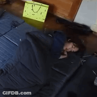 Person Sleeping In Sleeping Bag On Bed Next To Yellow Bag GIF
