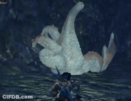 Person Standing In Front Of Large White Monster In Video Game GIF