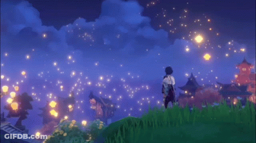 Person Standing In Grass With Lanterns In Sky GIF
