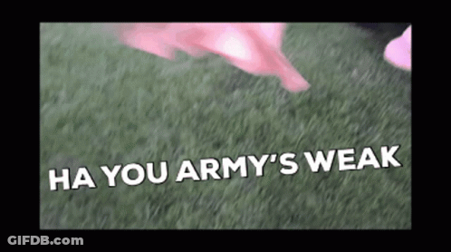Person Standing On Grassy Field Saying Ha You Army's Weak GIF