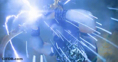 Person Struck By Lightning Bolt Holding Sword In Dark Room GIF