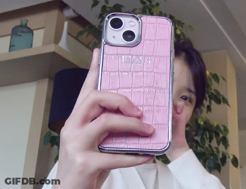 Person Taking Selfie With Pink Phone Case Saying Louis GIF