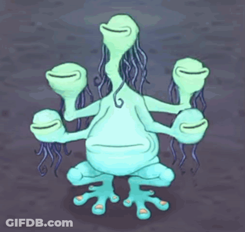 Person Touching Four-Faced Cartoon Character GIF