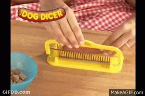Person Using Yellow Dog Dicer To Cut Hot Dog GIF