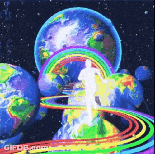Person Walking Through Rainbow With Planets GIF