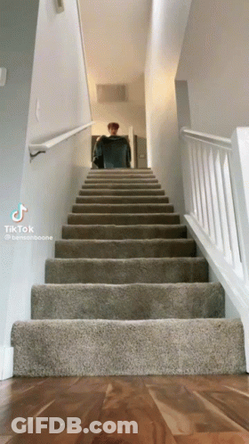 Person Walking Up Stairs With White Railing GIF