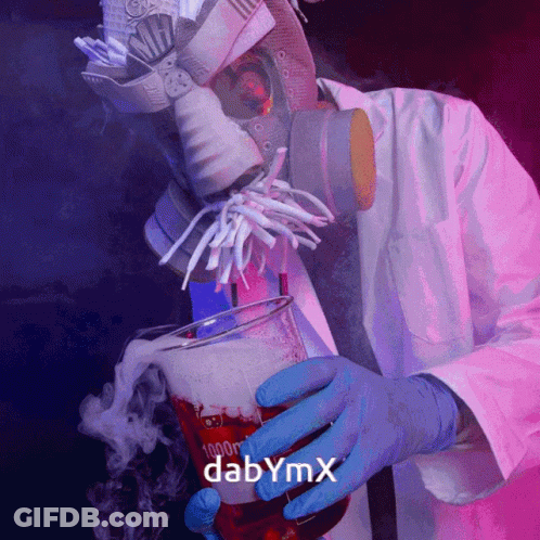 Person Wearing Gas Mask And Gloves Holding Beaker That Says Dabymx GIF