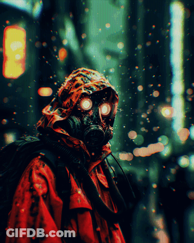 Person Wearing Gas Mask With Glowing Eyes GIF