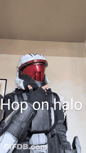 Person Wearing Halo Helmet Saying Hop On Halo GIF