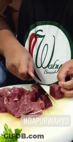 Person Wearing Wahy Brand Apron Cutting Meat GIF