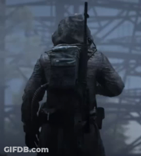 Person With Backpack And Rifle In Fog GIF