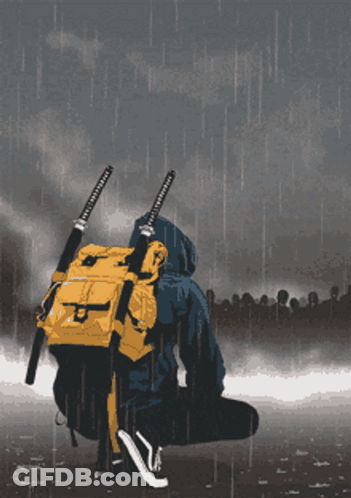 Person With Backpack And Two Swords GIF