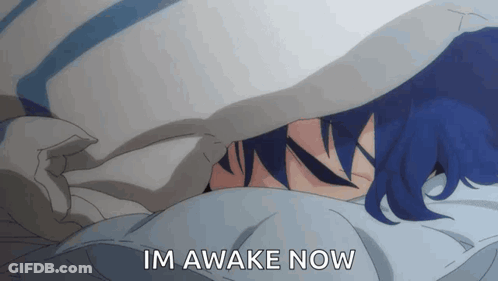 Person With Blue Hair Laying In Bed Saying Im Awake Now GIF