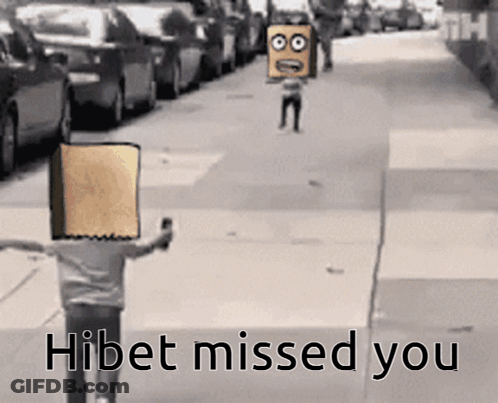 Person With Cardboard Box On Head Walking Down Street Saying Hibet Missed You GIF