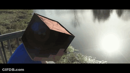 Person With Cube On Head In Front Of Lake GIF