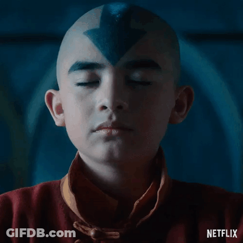 Person With Eyes Closed And Blue Arrow On Head GIF