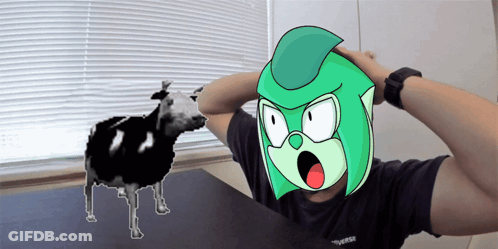 Person With Green Head And Cow Behind GIF