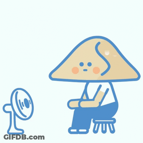 Person With Mushroom Head Next To Fan GIF