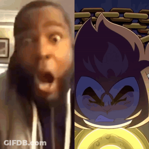 Person With Open Mouth Next To Cartoon Character GIF