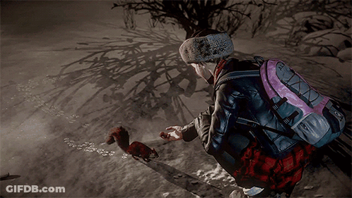 Person With Pink Backpack Feeds Squirrel In Snow GIF
