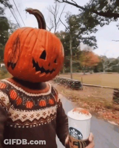 Person With Pumpkin Head Holding Starbucks Cup GIF