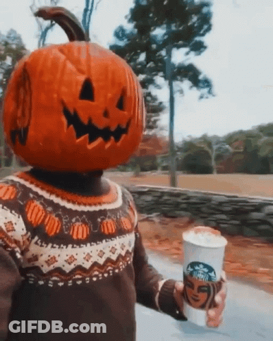 Person With Pumpkin On Head Holding Starbucks Coffee GIF