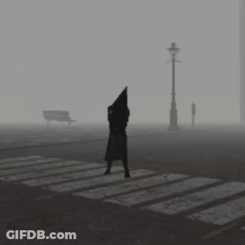 Person With Pyramid Head Crossing Street GIF