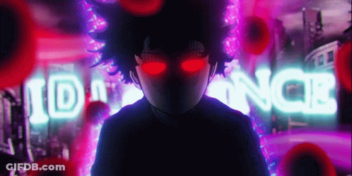 Person With Red Eyes In Front Of Neon ID Sign GIF