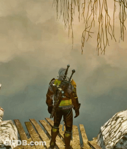 Person With Sword On Back Standing On Wooden Bridge GIF
