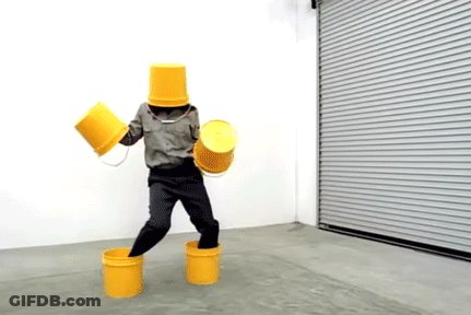 Person With Yellow Buckets On Head And Feet GIF