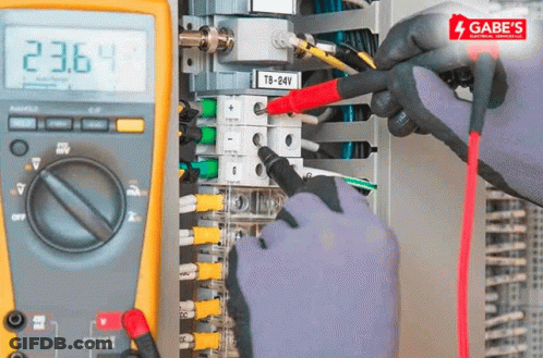 Person Working On Electrical Box With Gabe's Electrical Service Logo GIF