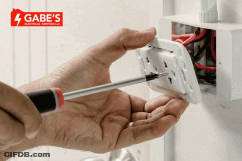 Person Working On Electrical Outlet With Gabe's Logo Background GIF