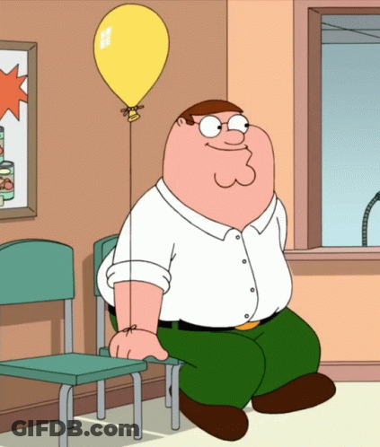 Peter Griffin From Family Guy Is Sitting In A Chair With A Yellow Balloon Hanging From His Arm GIF