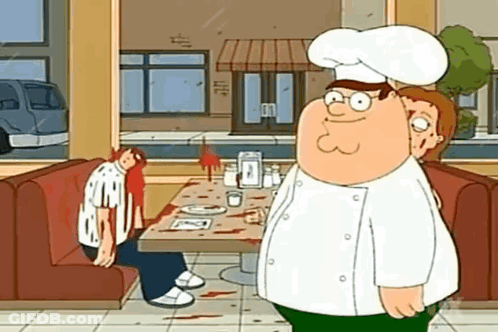 Peter Griffin From Family Guy Is Standing In A Diner Next To A Table With Blood On It . GIF