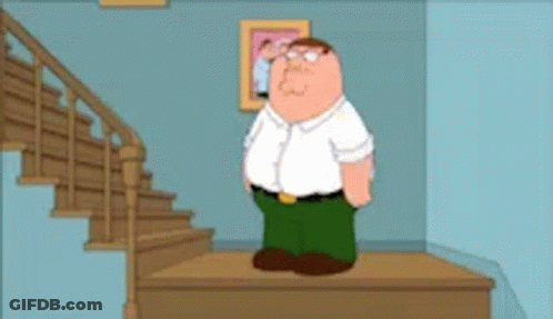 Peter Griffin From Family Guy Is Standing On The Steps Of A Staircase . GIF