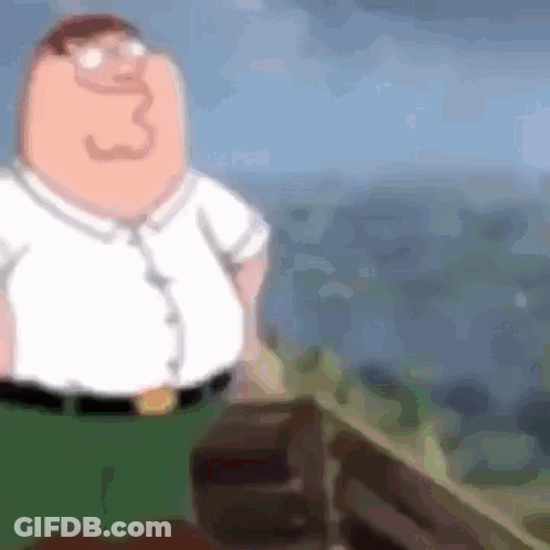 Peter Griffin From Family Guy Is Standing On Top Of A Wooden Fence Looking Out Over A City . GIF