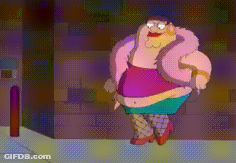 Peter Griffin From Family Guy Is Wearing A Pink Fur Coat And A Skirt . GIF