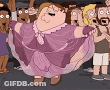 Peter Griffin From Family Guy Is Wearing A Purple Dress And Dancing In Front Of A Crowd Of People . GIF