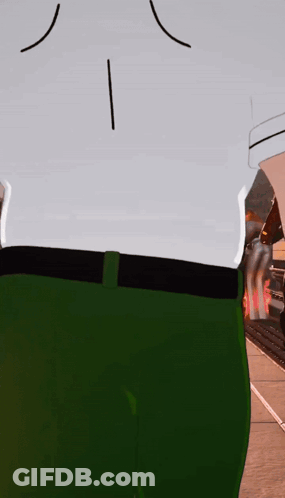 Peter Griffin From Family Guy Is Wearing A White Shirt And Green Pants With A Yellow Belt GIF