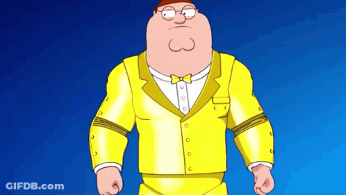 Peter Griffin From Family Guy Is Wearing A Yellow Suit And A Bow Tie . GIF