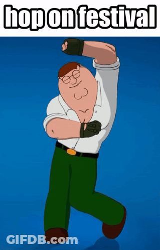 Peter Griffin Is Dancing In Front Of A Blue Background With The Words Hop On Festival GIF