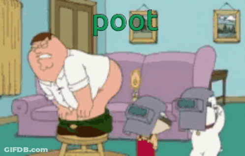 Peter Griffin Is Sitting On A Stool In A Living Room With The Word Poot Written In Green GIF