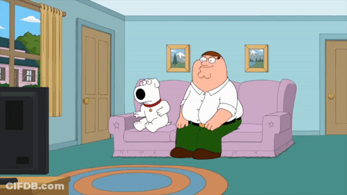 Peter Griffin Sitting On Couch Next To Small White Dog GIF