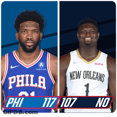 Philadelphia Basketball Player And New Orleans Basketball Player Standing Next To Each Other GIF