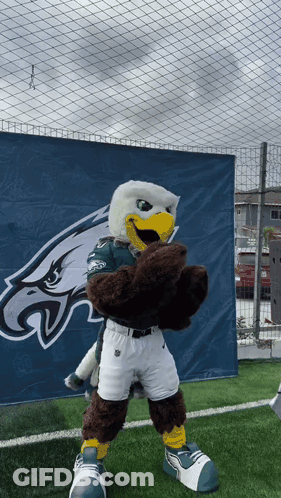 Philadelphia Eagles Mascot Standing Before Banner GIF