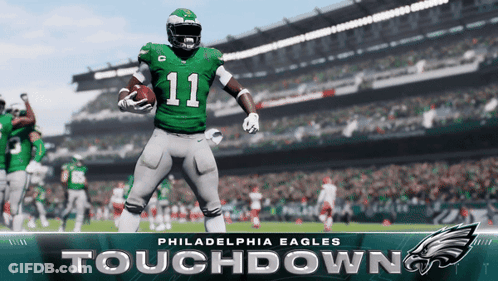 Philadelphia Eagles Touchdown Poster With Football Player In Green Uniform GIF