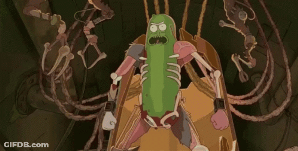 Pickle Rick Bravely Attacks Big Mice GIF
