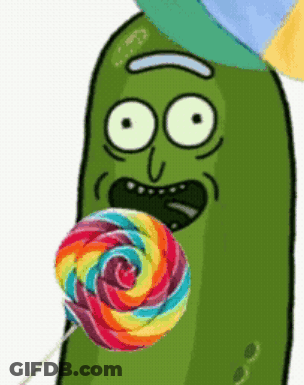 Pickle Rick Holding Rainbow Lollipop GIF